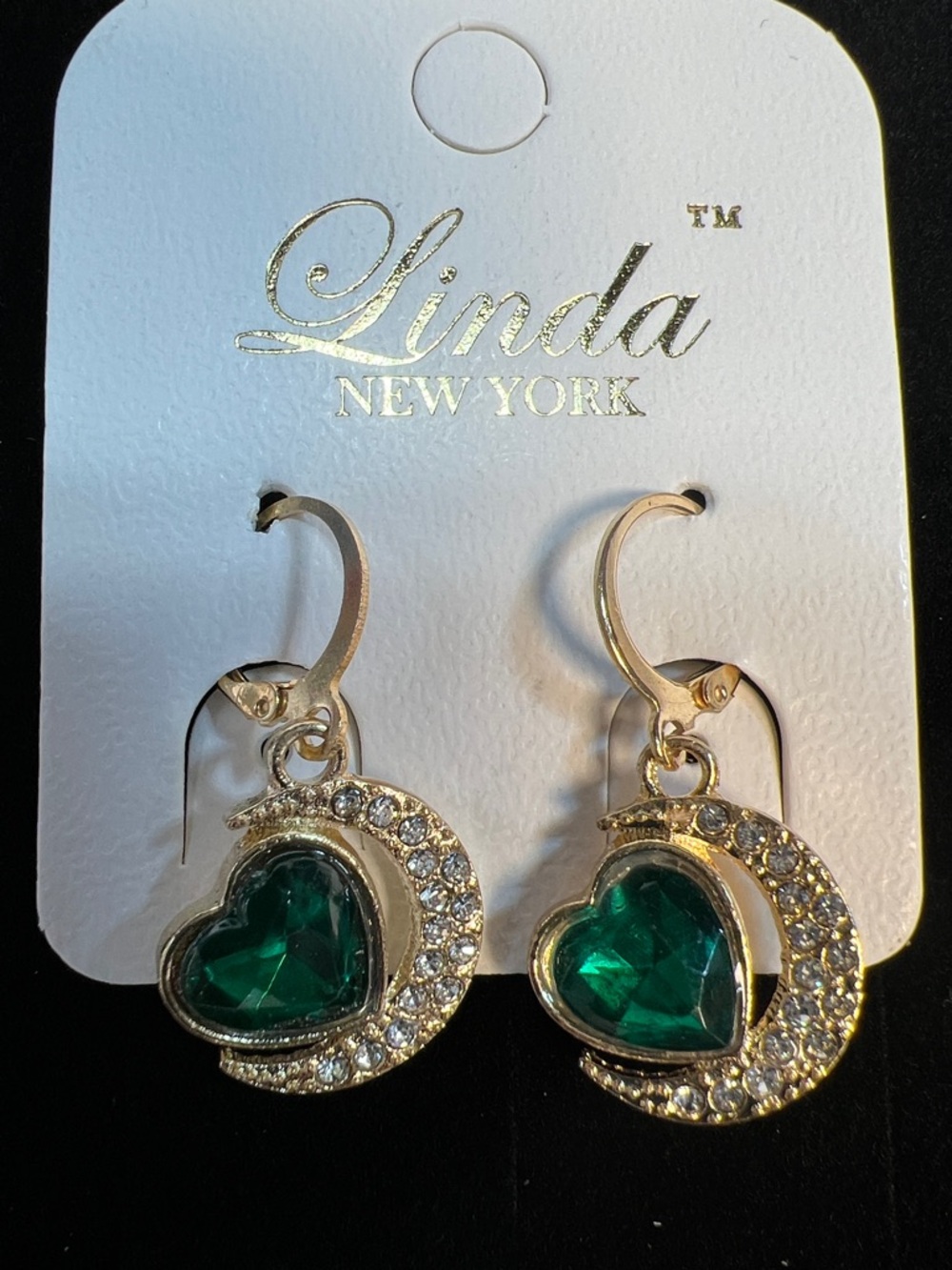 Gold-Tone Crescent & Emerald Heart Drop Earrings